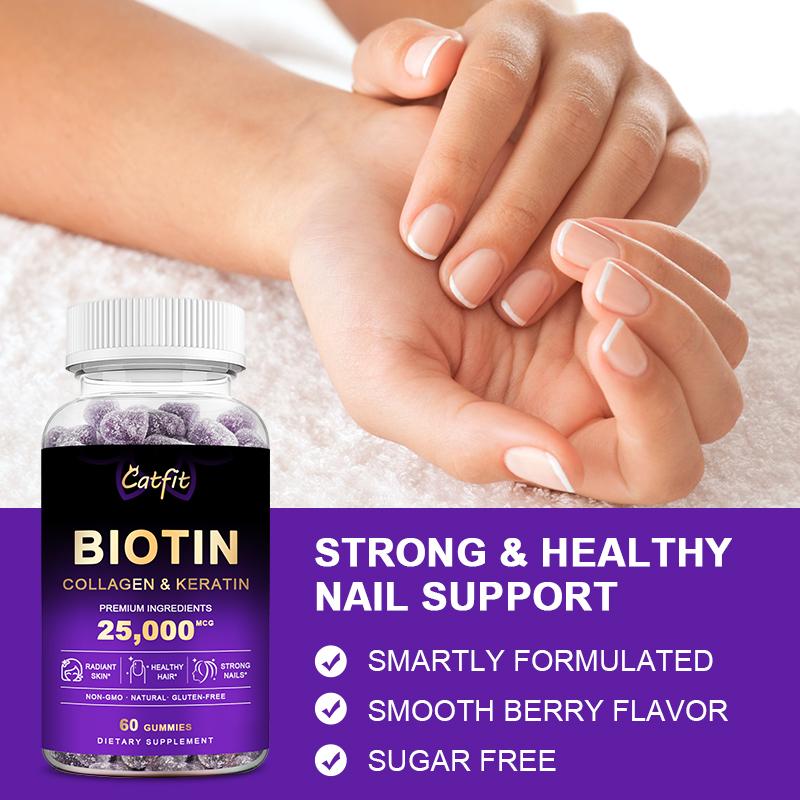 Catfit Biotin Collagen Gummies 25000mcg Blueberry Flavor for Hair Nails and Skin，Joint and Gut Support, Anti Aging