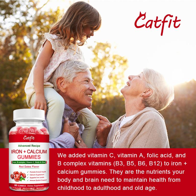 Catfit Red Date Gummies Iron Calcium Gummies Supplement with Vitamin C, A, Vitamins B Complex for Women, Kids & Adults Supports Energy