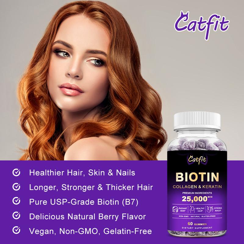 Catfit Biotin Collagen Gummies 25000mcg Blueberry Flavor for Hair Nails and Skin，Joint and Gut Support, Anti Aging