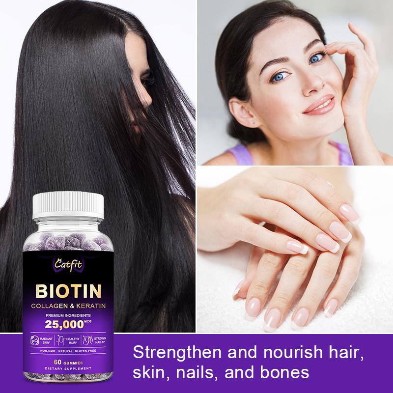 Catfit Biotin Collagen Gummies 25000mcg Blueberry Flavor for Hair Nails and Skin，Joint and Gut Support, Anti Aging