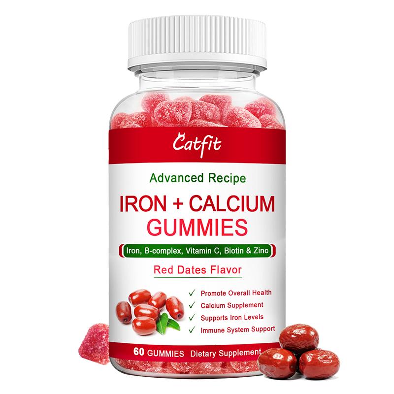 Catfit Red Date Gummies Iron Calcium Gummies Supplement with Vitamin C, A, Vitamins B Complex for Women, Kids & Adults Supports Energy