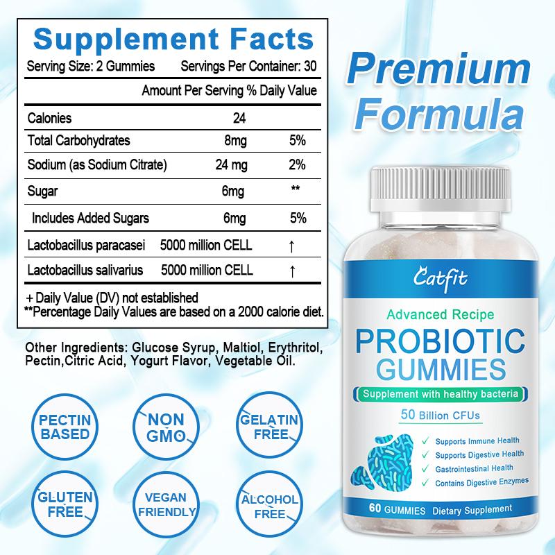 Catfit Probiotic Gummies Daily Immune Support Digestive Gummy 5 Billion CFU Gut Supplement Weight Loss Products for Adult 60pcs