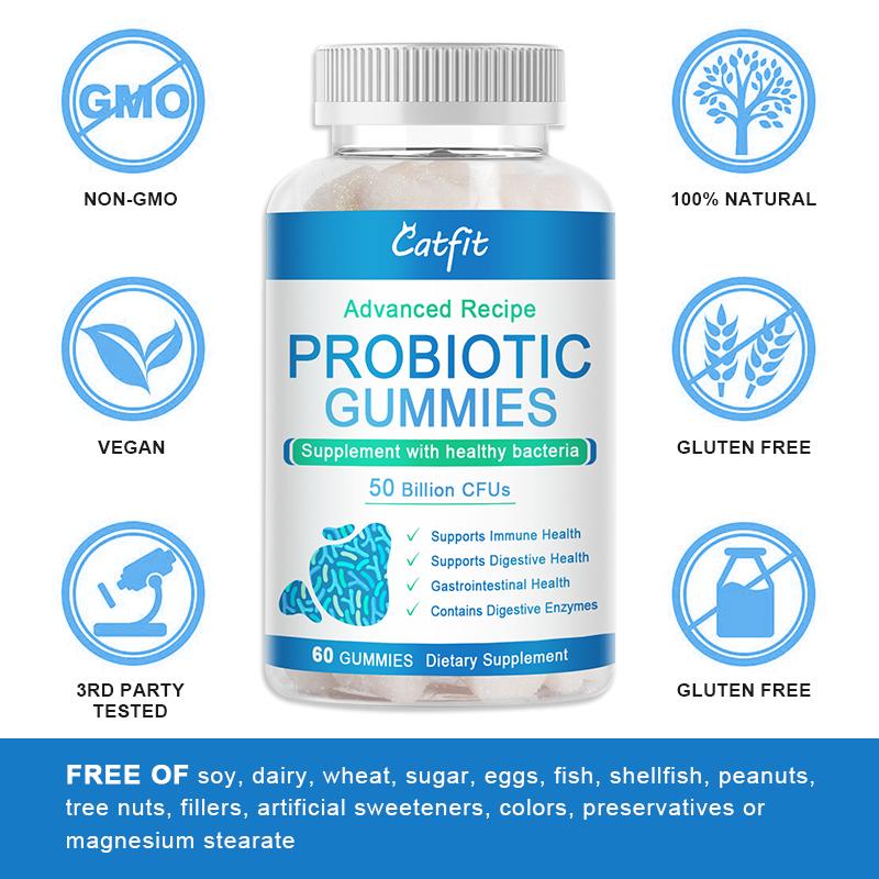 Catfit Probiotic Gummies Daily Immune Support Digestive Gummy 5 Billion CFU Gut Supplement Weight Loss Products for Adult 60pcs